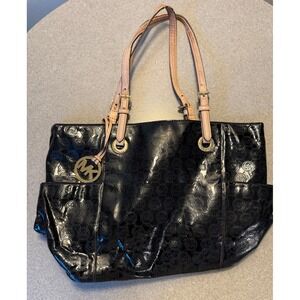Michael Kors Black Patent Leather Logo Embossed Tote Bag Tan Straps Gold Tone